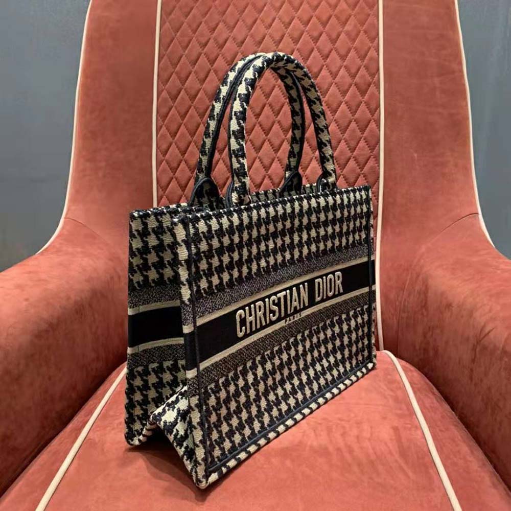 TÚI Dior Women Small Dior Book Tote Black Houndstooth Embroidery