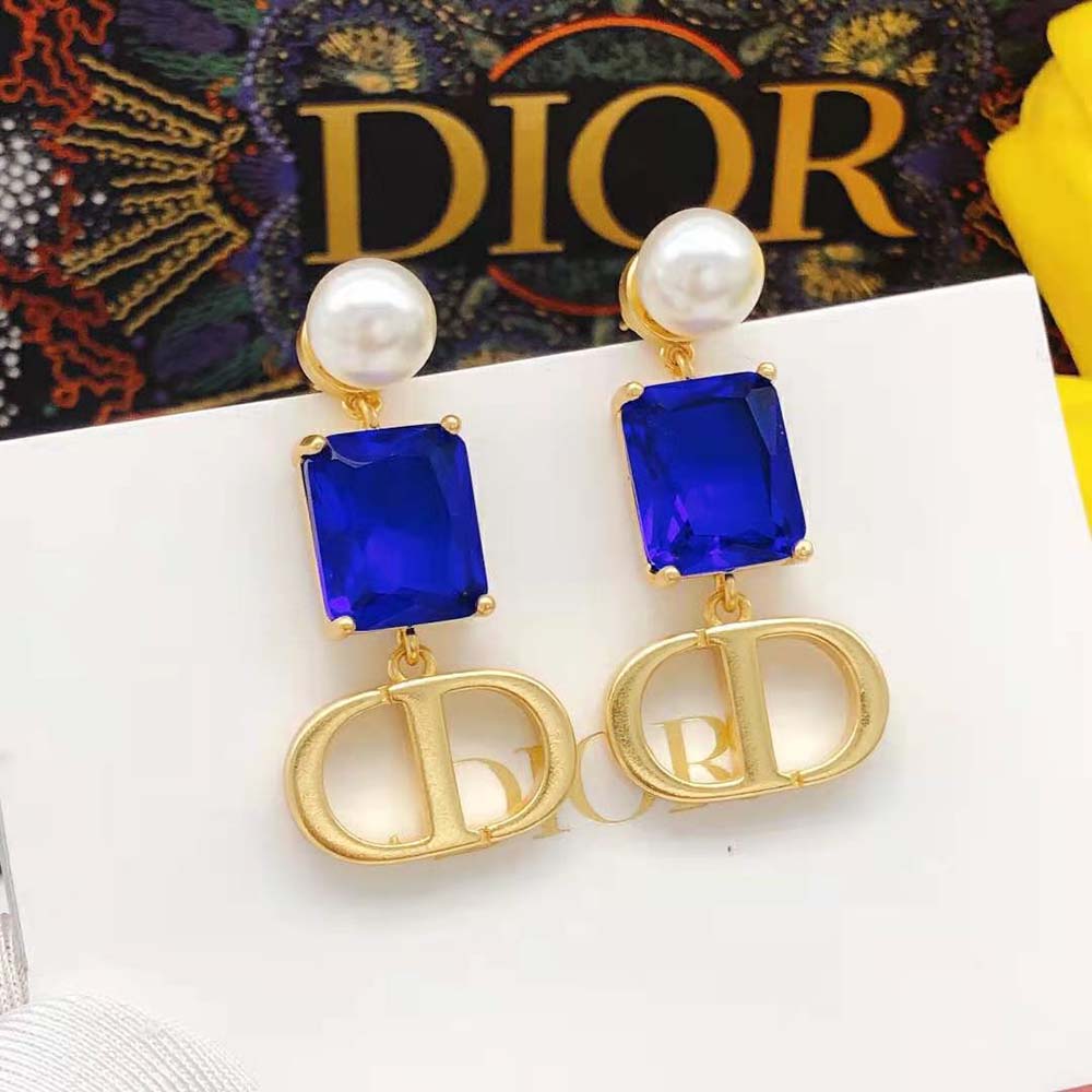 BÔNG TAI Dior Women Petit CD Earrings Gold-Finish Metal with White Resin Pearls and Fluorescent Blue Crystals