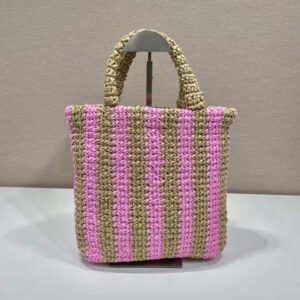 TÚI Prada Women Small Raffia Tote Bag with Embroidered Lettering Logo on the Front-Pink