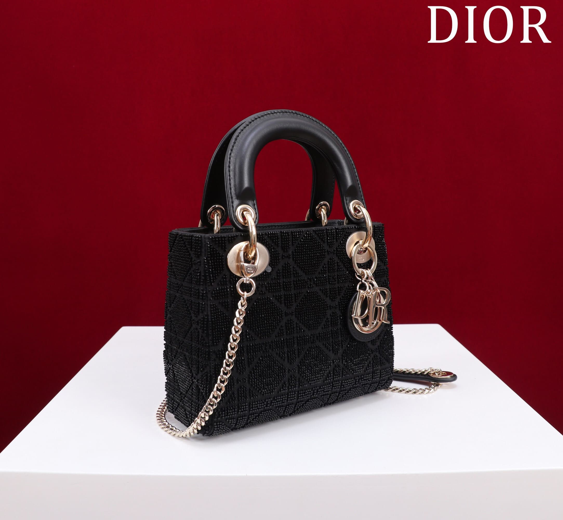 TÚI CHRISTIAN DIOR LADY DIOR Cannage Calfskin with Platinum Beaded Embroidery Black