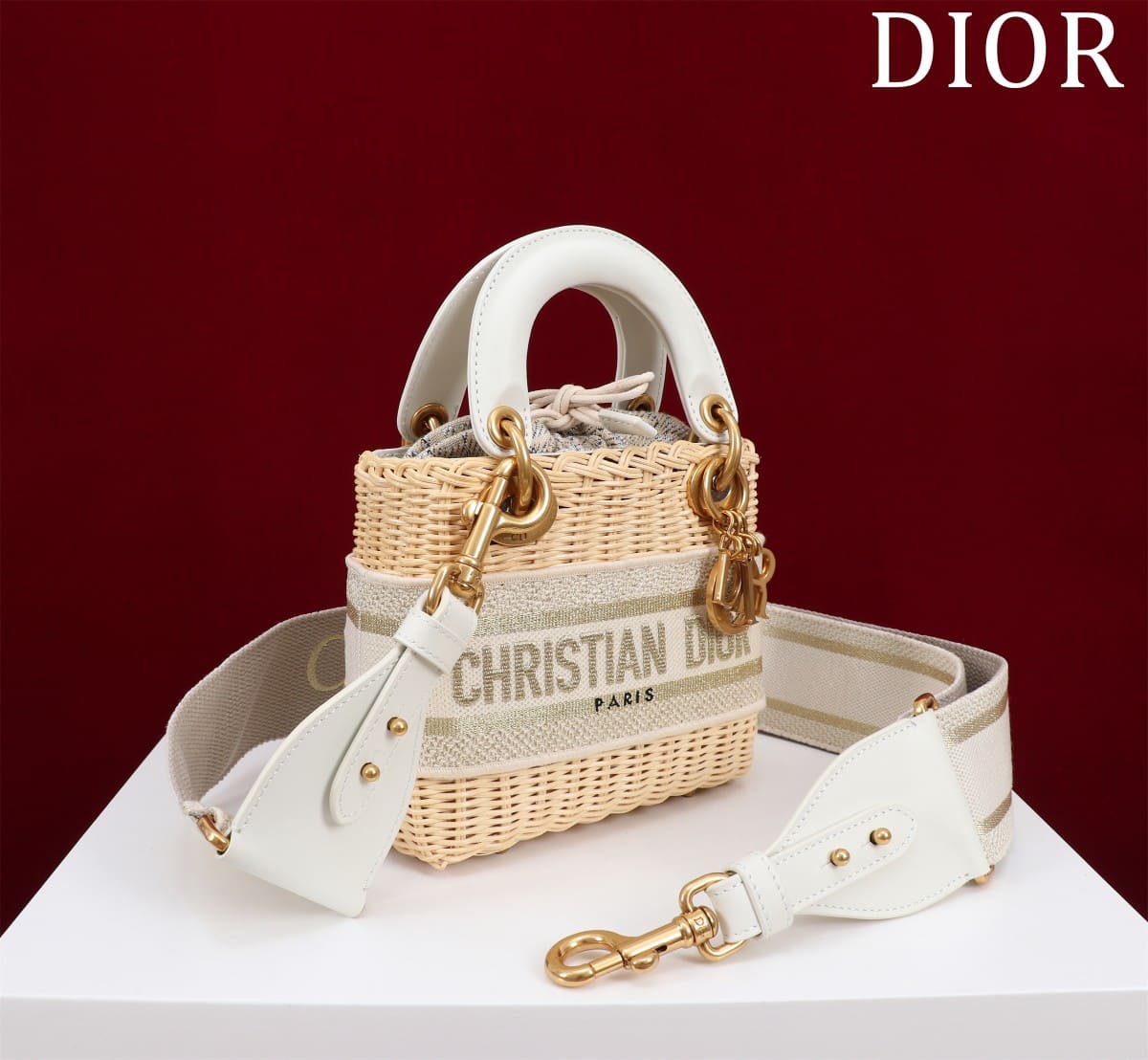 TÚI Dior Women Mini Lady Dior Bag Natural Wicker and Cream Dior Oblique Jacquard dệt tay bằng liễu gai