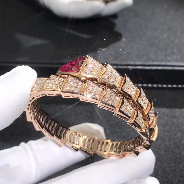 Vòng tay BVLGARI Serpenti Viper Full Pavé Piamonds và Rubellite vàng hồng 18K