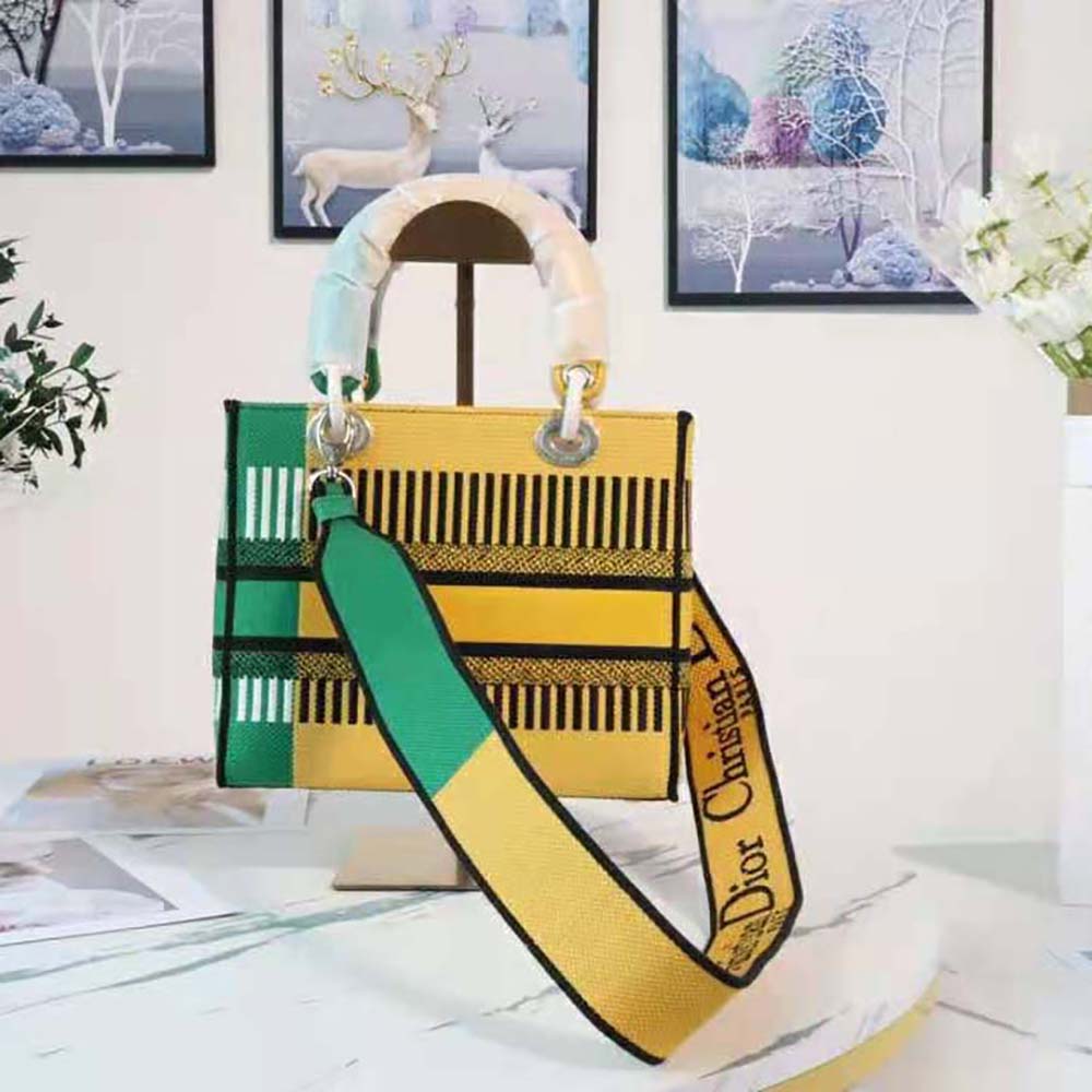 TÚI Dior Women Medium Lady D-lite Bag Bright Yellow and Green D-Flower Pop Embroidery