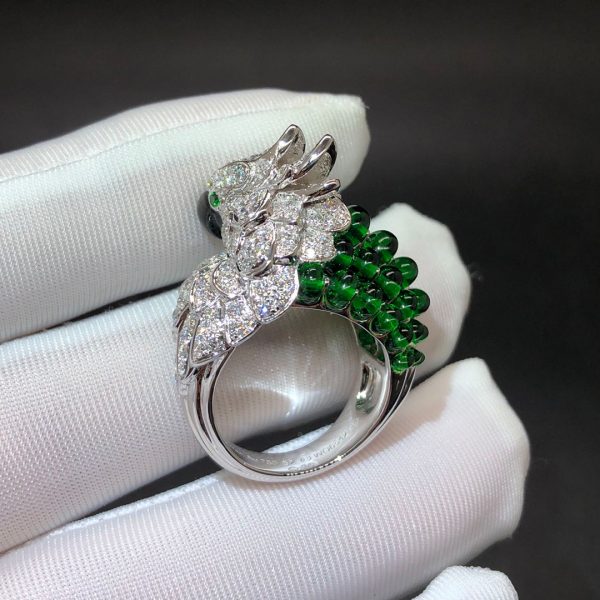 Nhẫn Cartier Les Oiseaux Libérés con vẹt ngọc trai kim cương vàng trắng 18K
