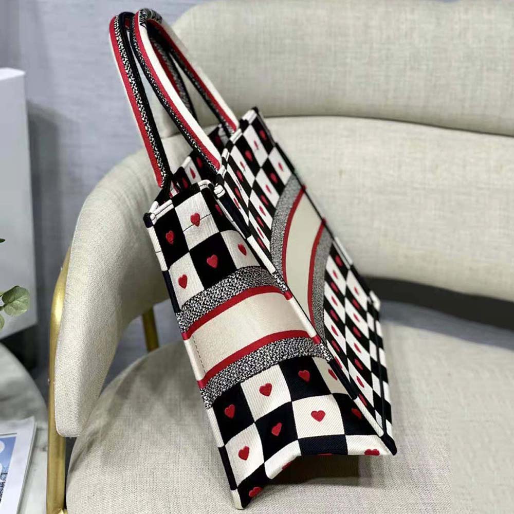 TÚI Dior Women Small Dioramour Dior Book Tote Black White and Red D-Chess Heart Embroidery