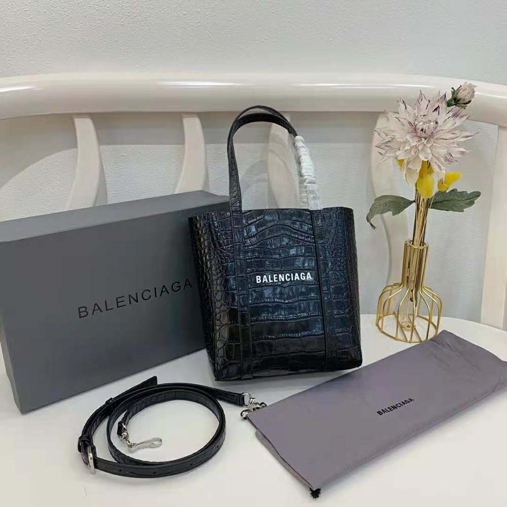 TÚI Balenciaga Everyday XXS Tote Bag in Black Shiny Crocodile Embossed Calfskin