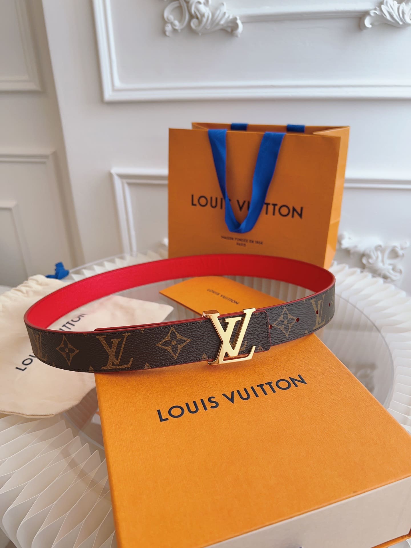 DÂY LƯNG LOUIS VUITTON RED BROWN MONOGRAM LEATHER Khóa vàng