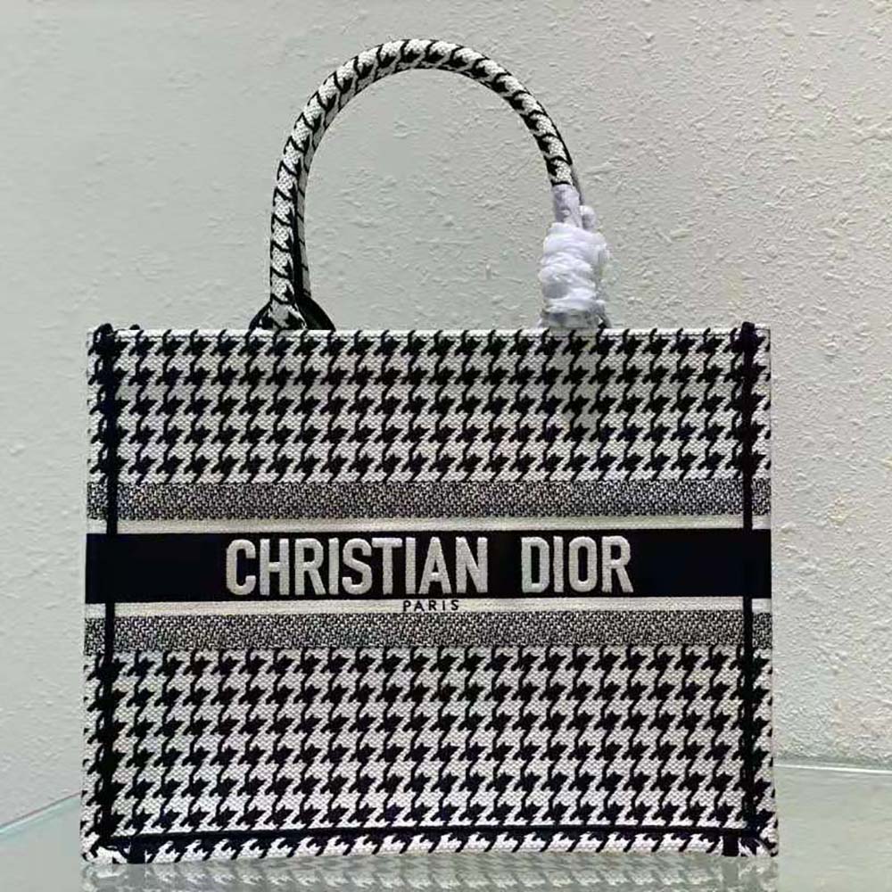 TÚI Christian Dior Book Tote Black and White Houndstooth Embroidery