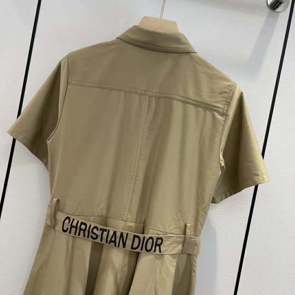 Váy Dior Mid-Length Belted Pleated Dress Beige Technical Cotton Gabardine