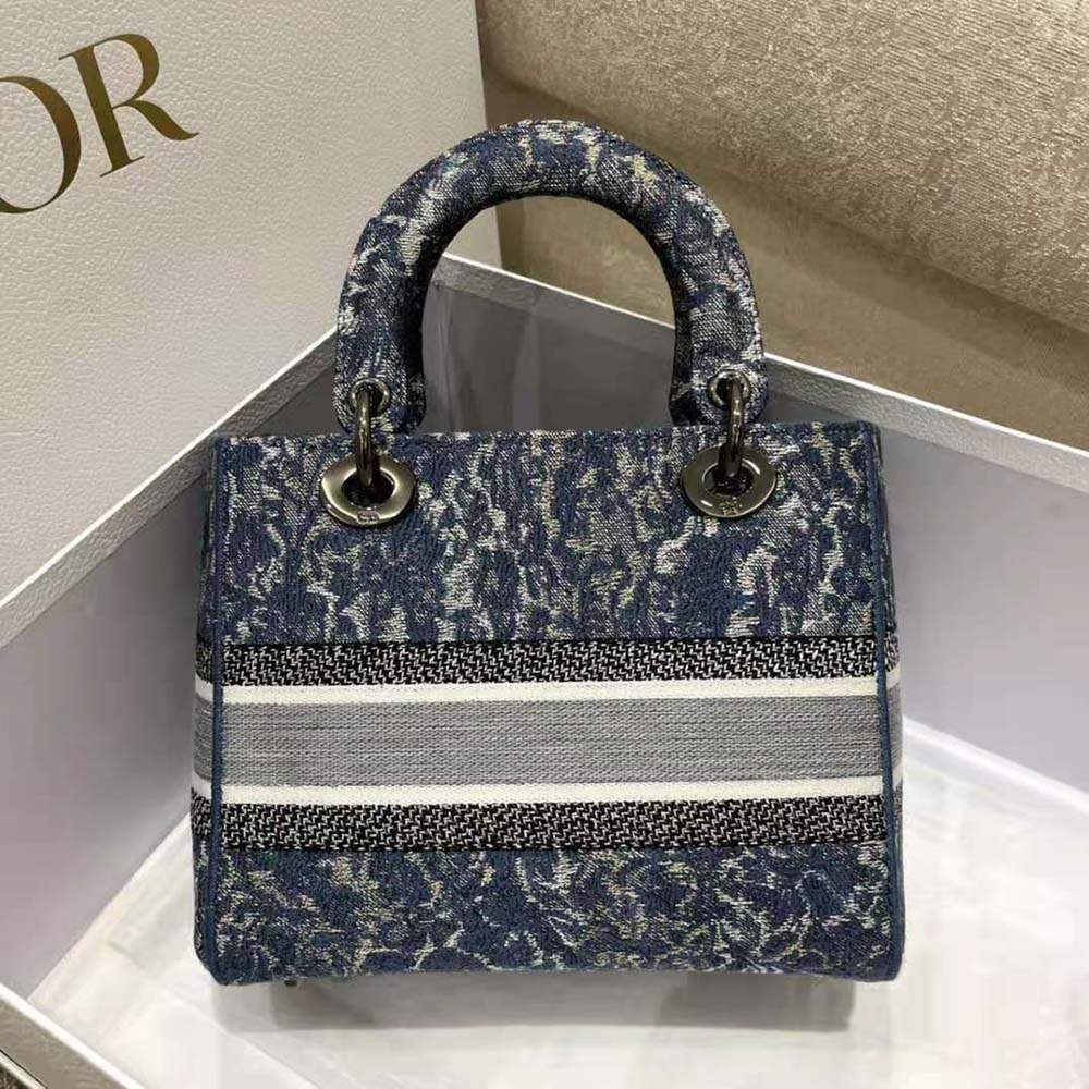 TÚI Christian Dior Lady D-Lite Bag Blue Dior Brocart Denim-Effect Embroidery