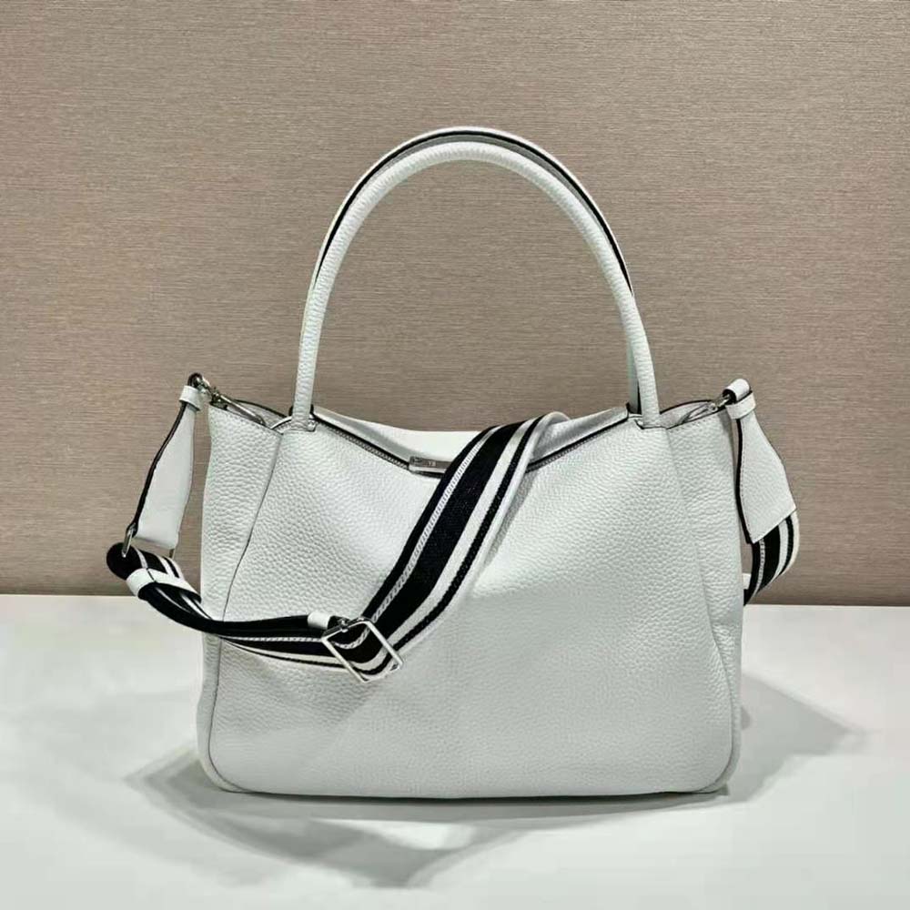 TÚI Prada Women Large Leather Handbag with the Prada Metal Lettering Logo Gleaming at Its Center-White