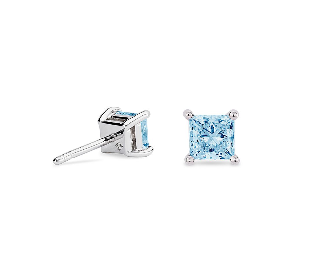 Bông tai vàng trắng 18K Au750 Blue Diamond Princess Solitaire Stud Earrings