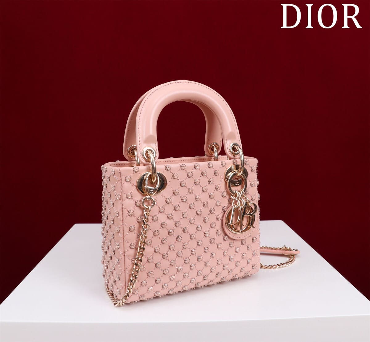 TÚI CHRISTIAN DIOR LADY DIOR Cannage Calfskin with Platinum Beaded Embroidery Pink