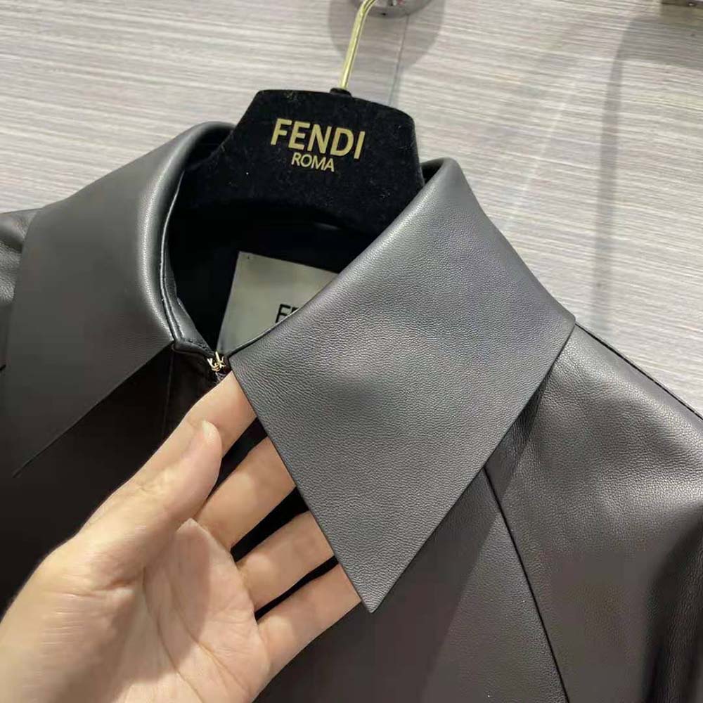 ÁO Fendi Women Black Waxed Leather Jacket ÁO DA