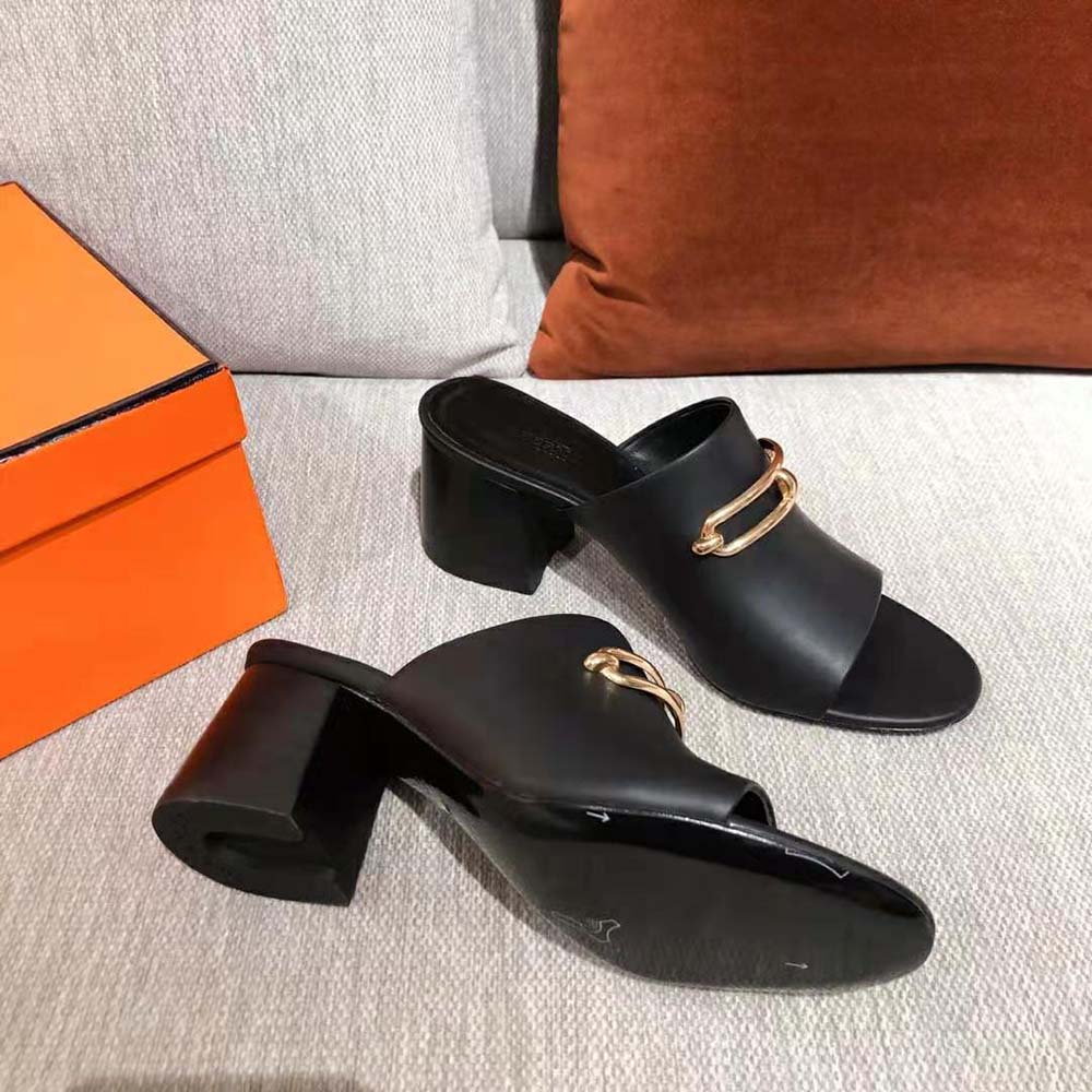 GIÀY Hermes Women Camilla Mule High Heel Mule in Calfskin-Black SS2022