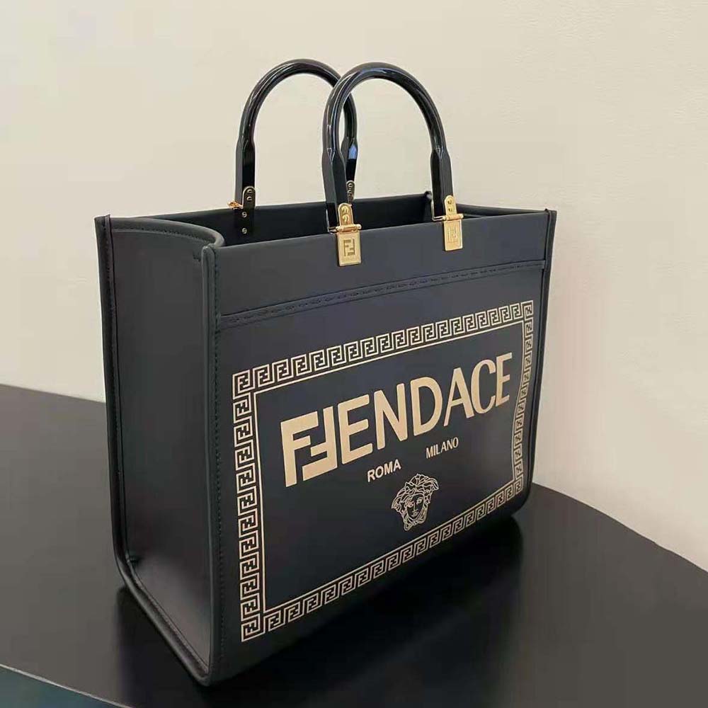 TÚI Fendi Women Sunshine Medium Fendace Printed Black Leather Logo Shopper