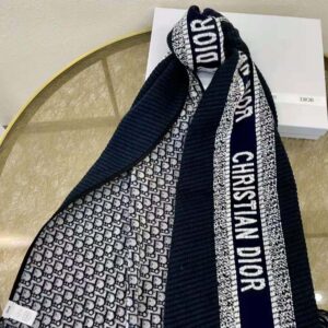 KHĂN Dior Women Oblique University Reversible Scarf Navy Blue Wool and Silk