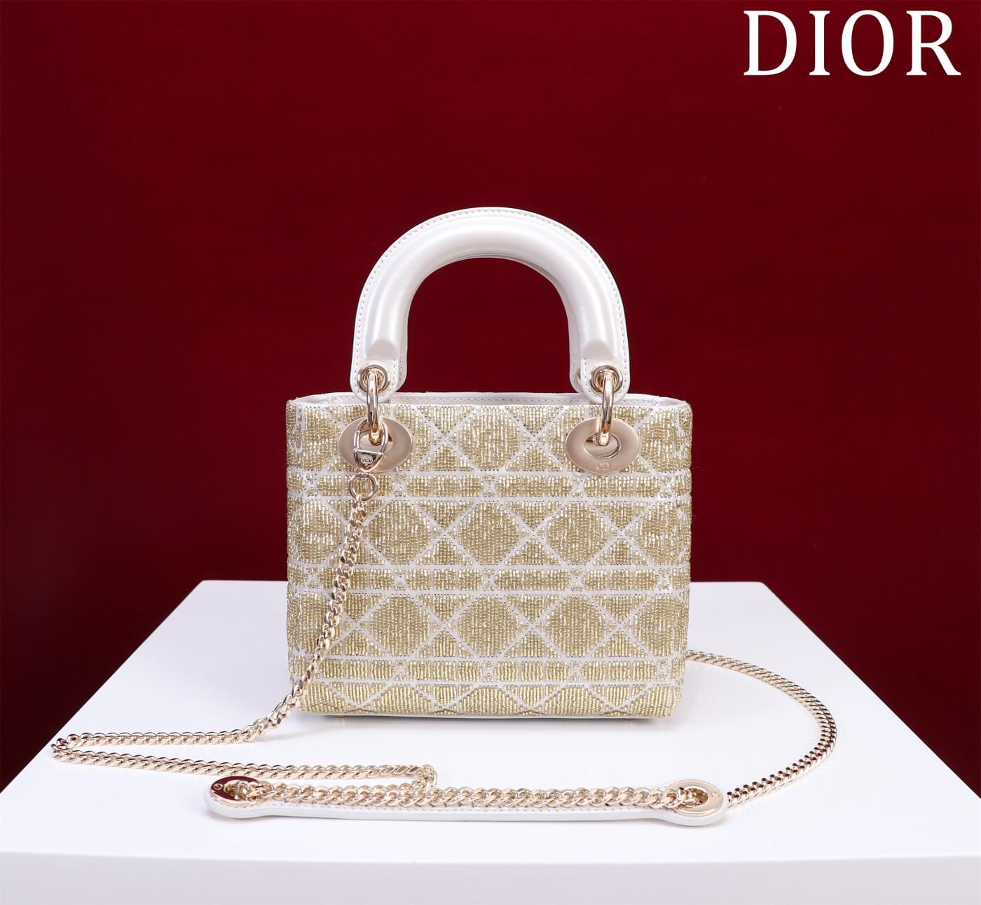 TÚI CHRISTIAN DIOR LADY DIOR Cannage Calfskin with Platinum Beaded Embroidery Metallic