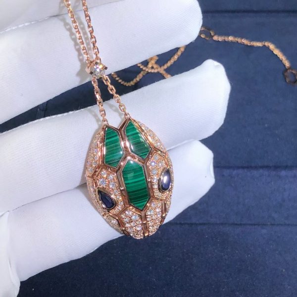 Vòng cổ BVLGARI Serpenti đá Sapphire Malachite & kim cương Pave vàng hồng18K