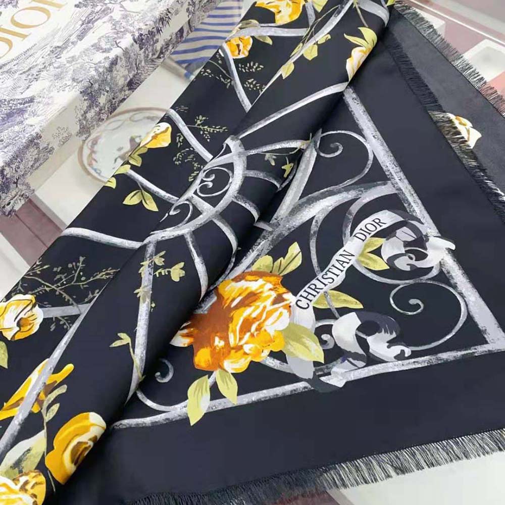 KHĂN Dior Granville 90 Square Scarf Black and Gold-Tone Silk Twill