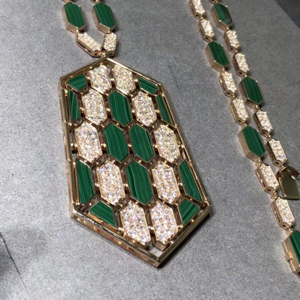 Vòng cổ BVLGARI Serpenti Kim cương Malachite vàng hồng 18K