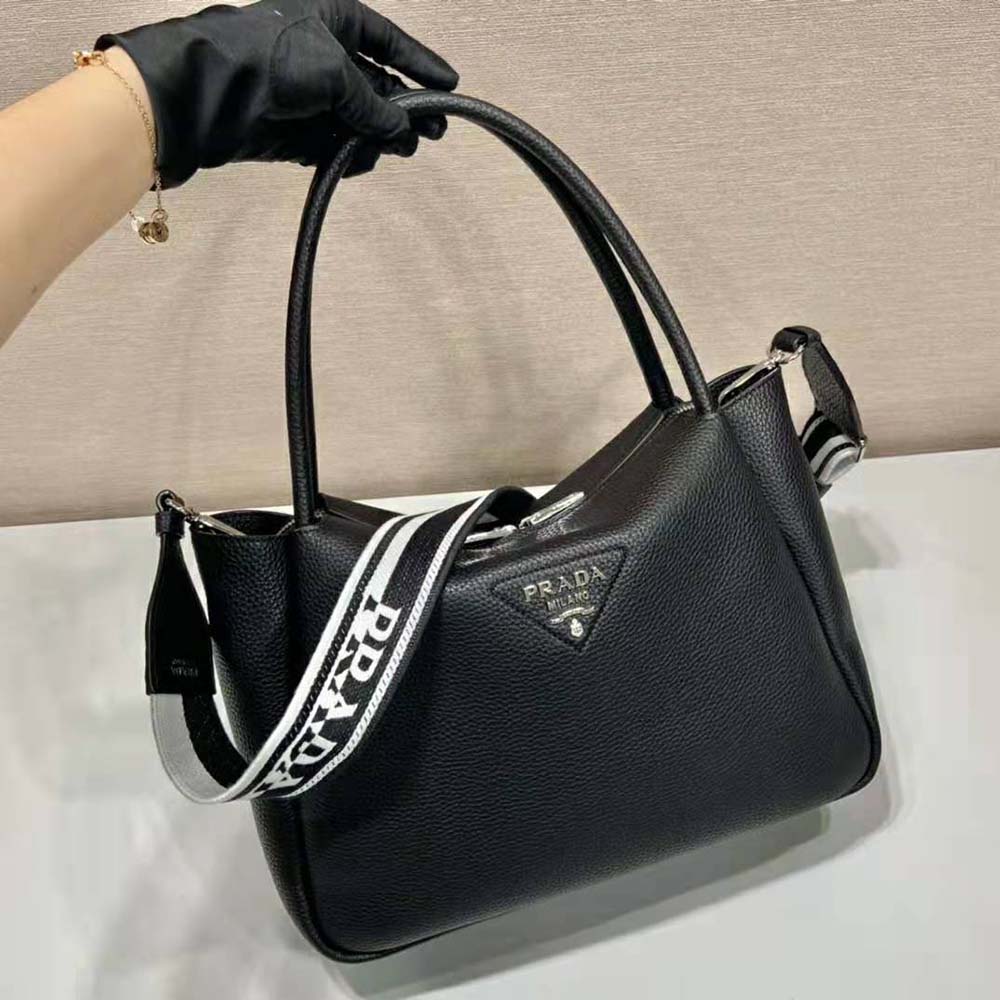 TÚI Prada Women Large Leather Handbag with the Prada Metal Lettering Logo Gleaming at Its Center-Black