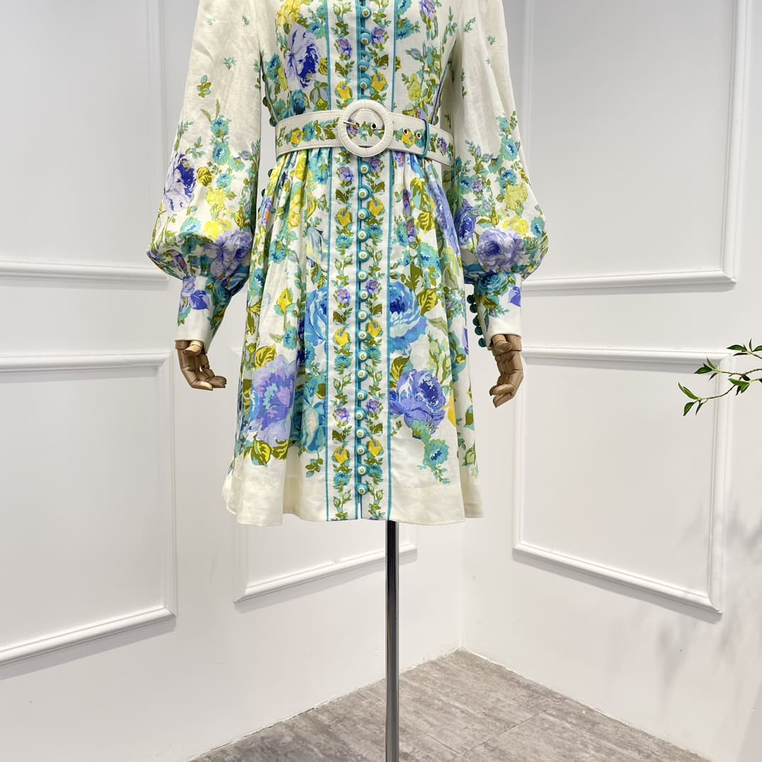 VÁY ZIMMERMANN Floral Printing Spring Summer Mandarin Collar Mini Dresses with Belt High Classy