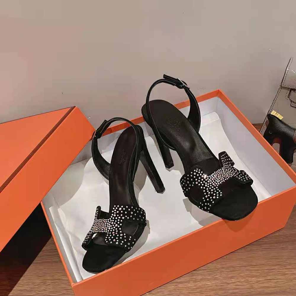 GIÀY Hermes  Women Ella 105 Sandal High Heel Sandal in Suede Goatskin-Black SS2022
