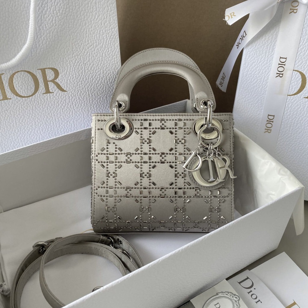 TÚI Dior Women Mini Lady Dior Bag Gray Strass Cannage Satin Top Quality