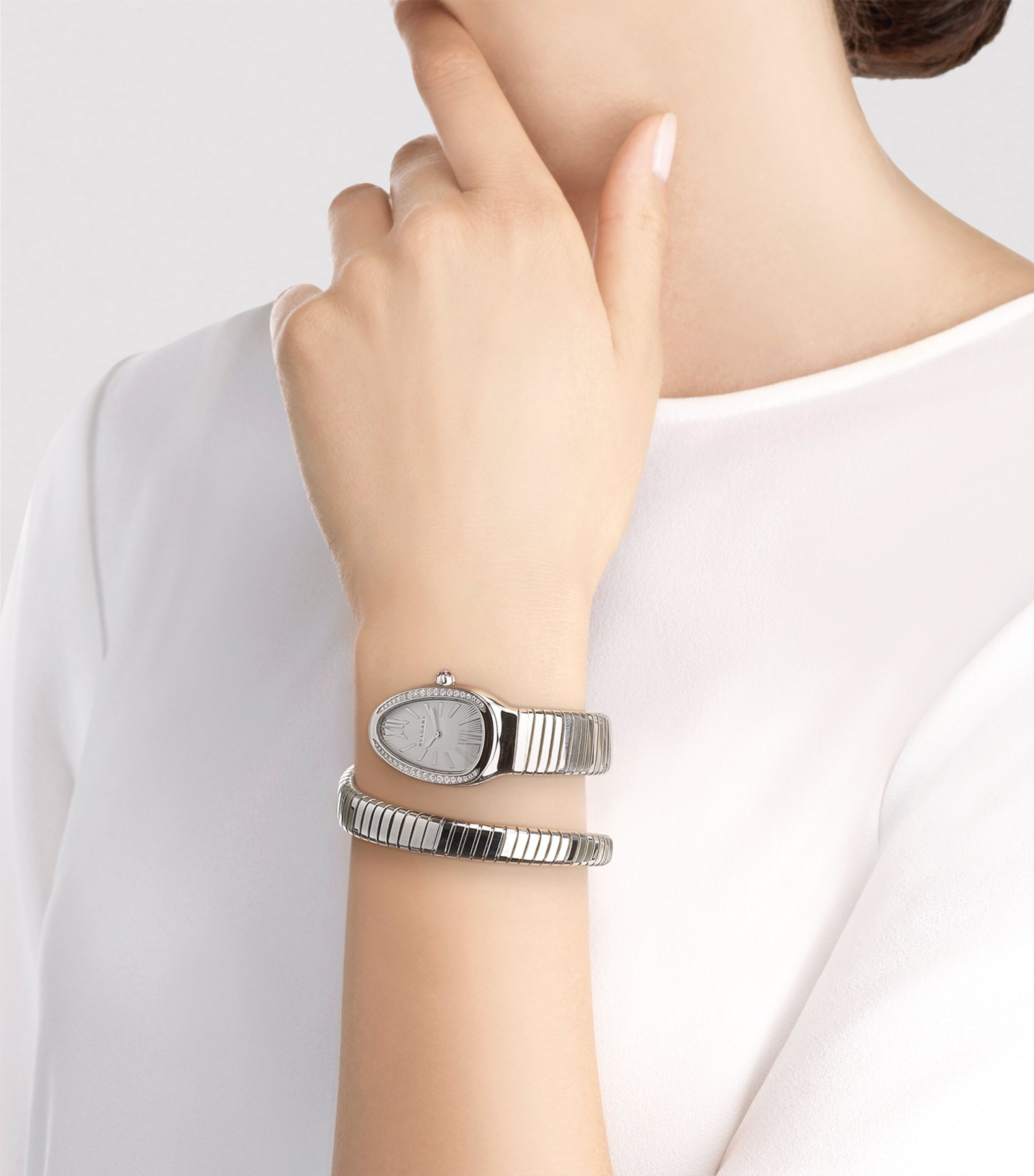 Đồng hồ BVLGARI  Stainless Steel and Diamond Serpenti Tubogas 35mm mặt số màu trắng