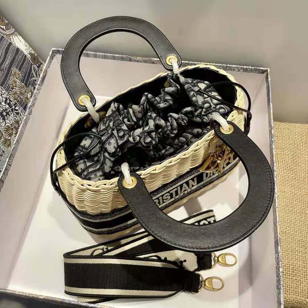 TÚI Dior Women Medium Lady Dior Bag Natural Wicker and Blue Dior Oblique Jacquard