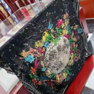 KHĂN Dior Women Zodiac Square Scarf Navy Black Silk Twill