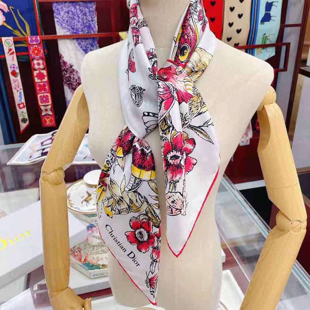 KHĂN Dior Women Square Scarf Ivory Silk Twill with Multicolor Butterfly Motif