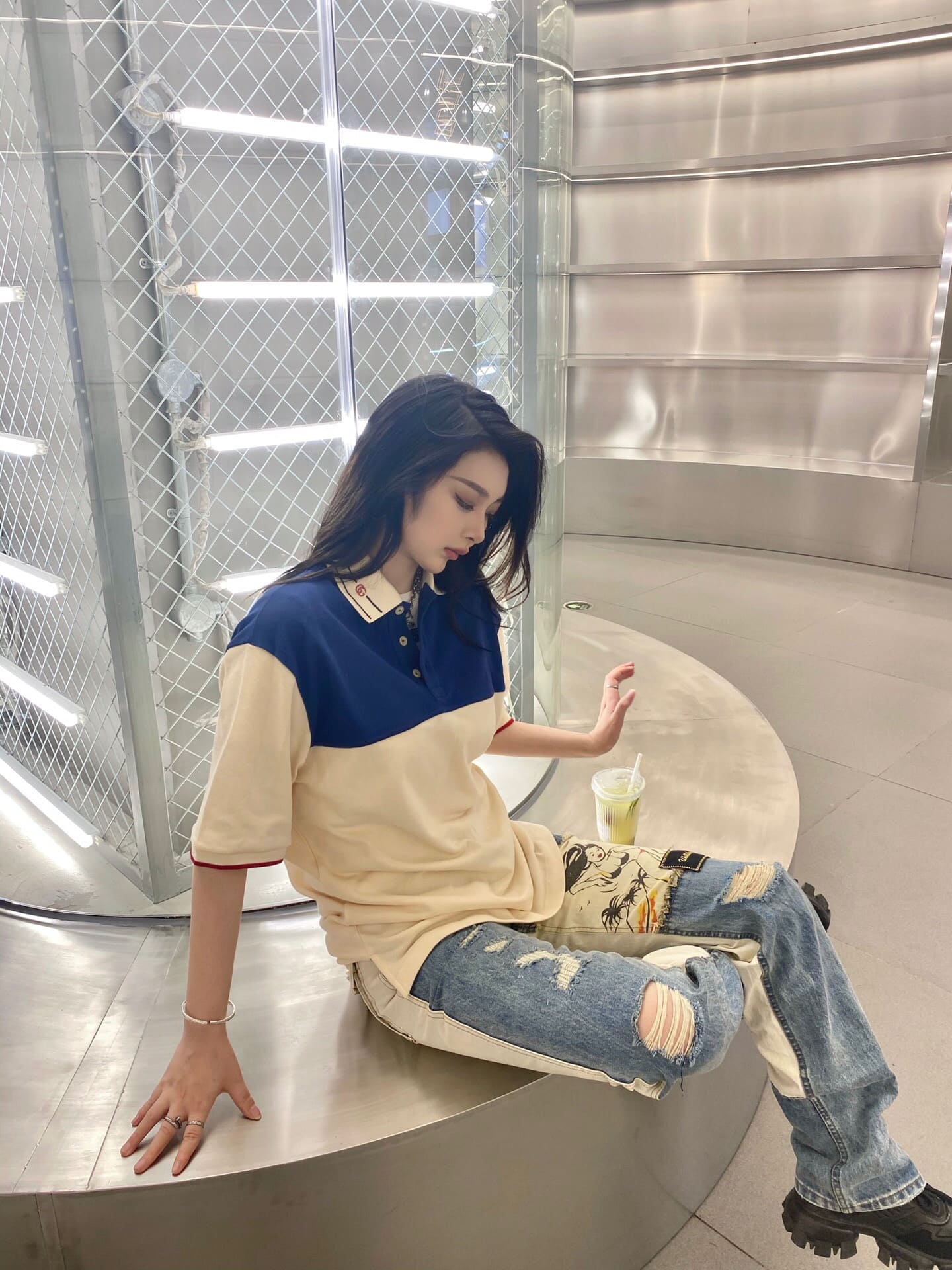ÁO GUCCI GG POLO SHIRT MÀU XANH TRẮNG UNISEX