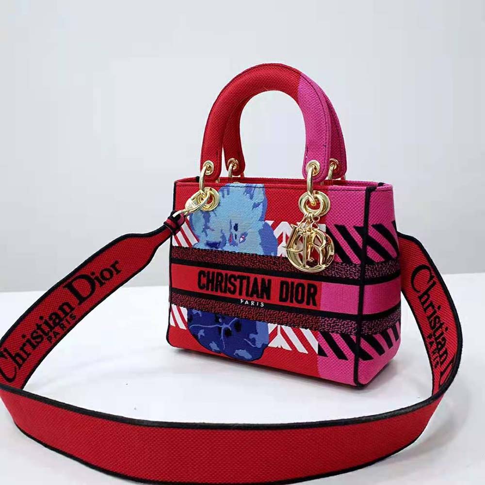 TÚI Dior Women Medium Lady D-lite Bag Bright Pink Multicolor D-Flower Pop Embroidery