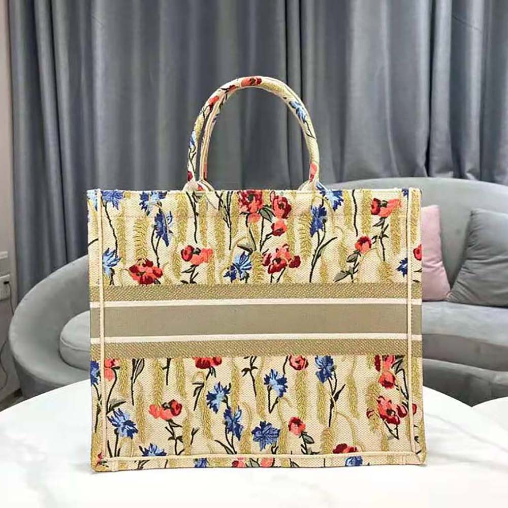 TÚI Dior Women Dior Book Tote Beige Dior Hibiscus Embroidery