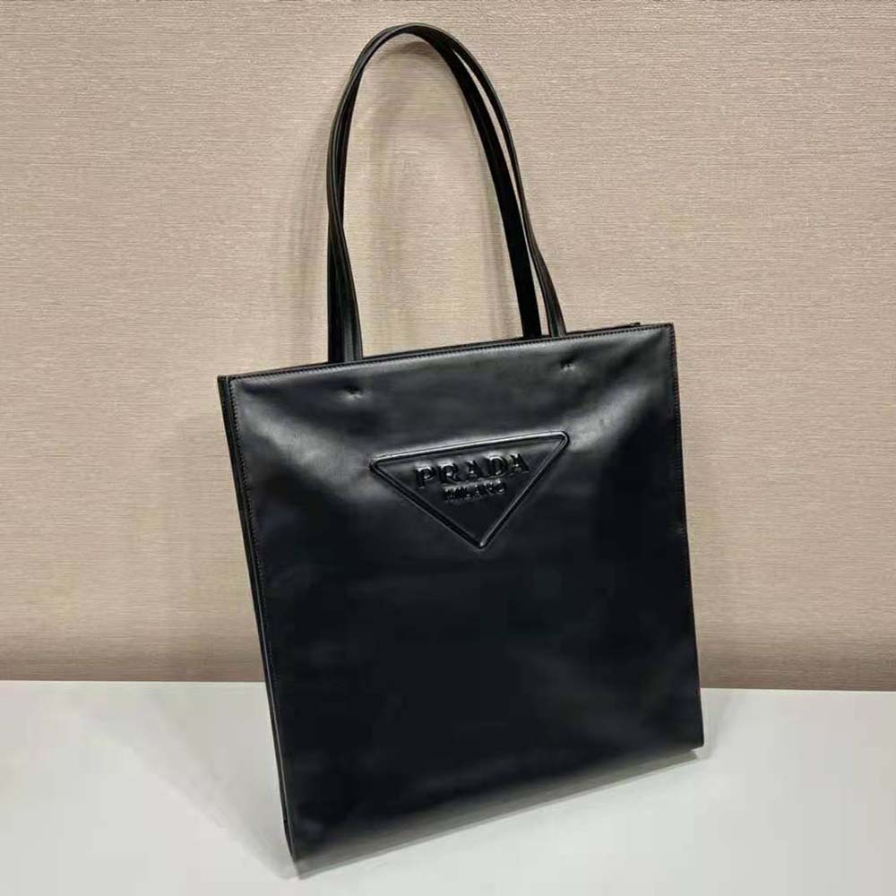 TÚI Prada Women Leather Tote Bag with Embossed Triangle Logo-Black