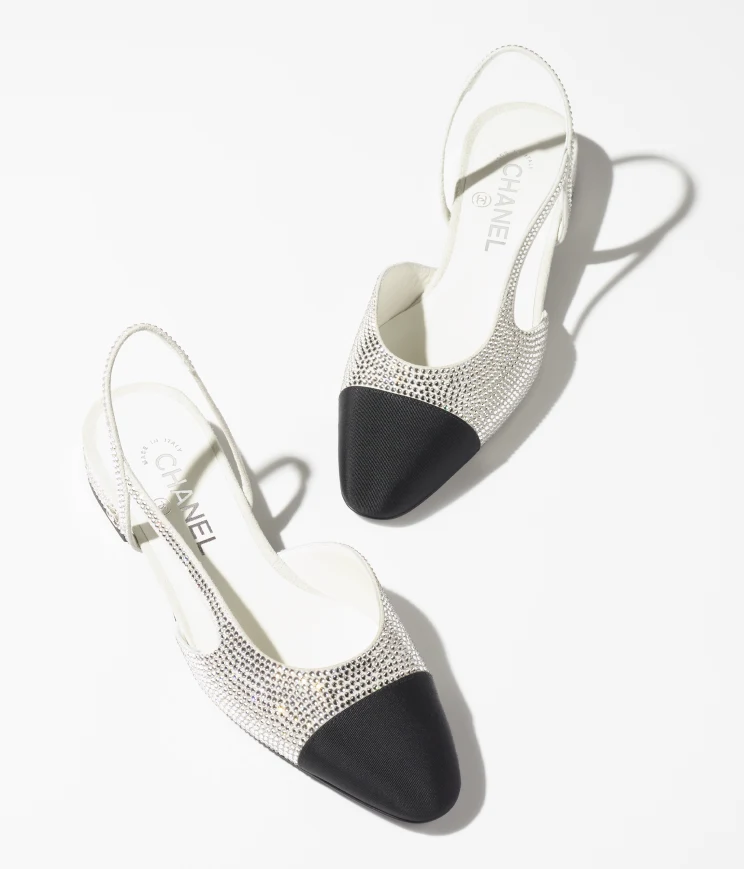 GIÀY SANDAL CHANEL SLINGBACK Hạt đá & Vải Grosgrain Bạc & Đen 20MM