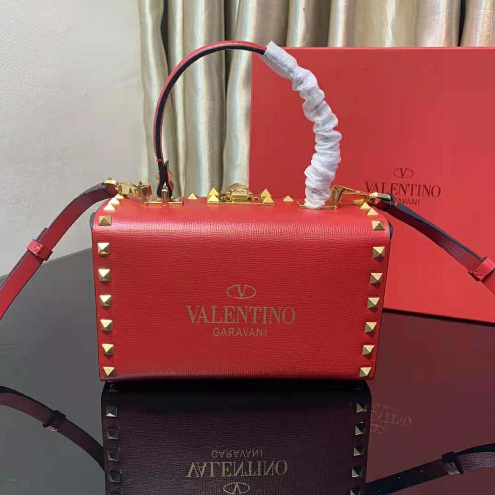 TÚI VALENTINO Rockstud Alcove Grainy Calfskin Box Bag-Red