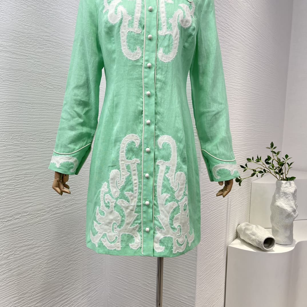 VÁY ZIMMERMANN Mint Green Turn Down Collar Linen Mini Dress High Classy
