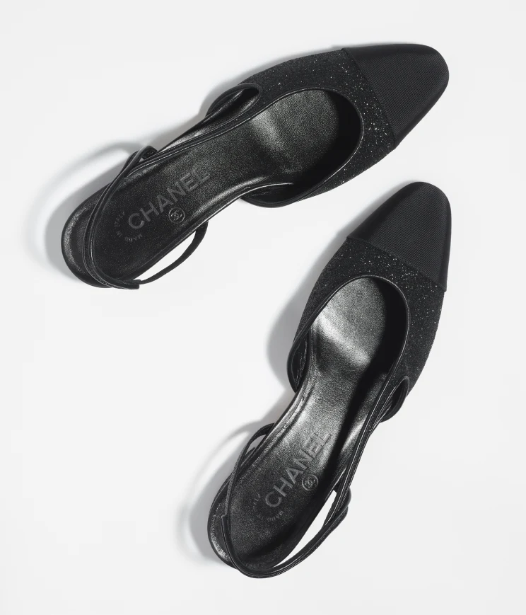 GIÀY SANDAL CHANEL SLINGBACK Hạt đá & Vải Grosgrain Bạc & Đen 20MM