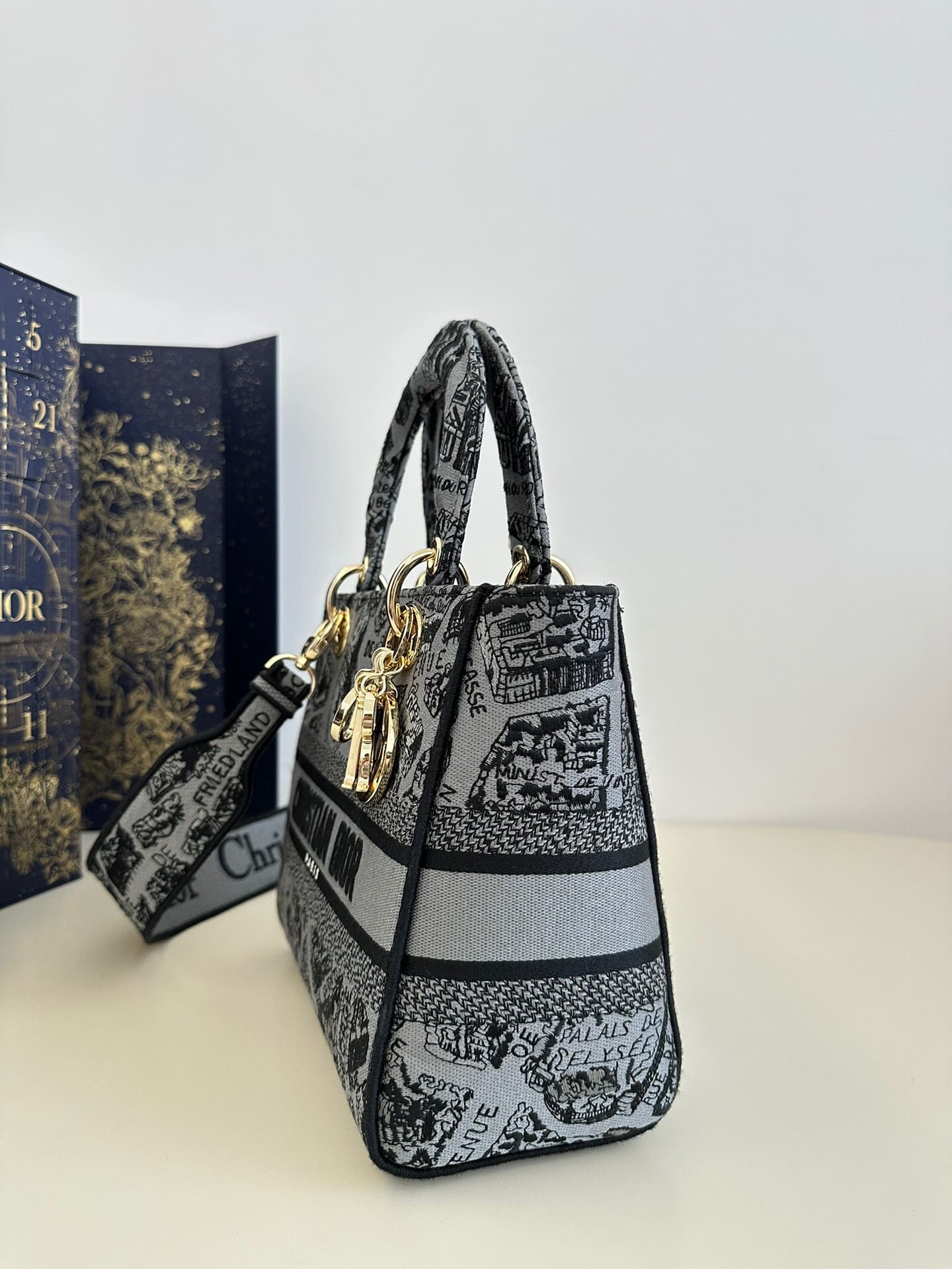 TÚI CHRISTIAN DIOR Lady D-lite Black Toile de Jouy Reverse Embroidery