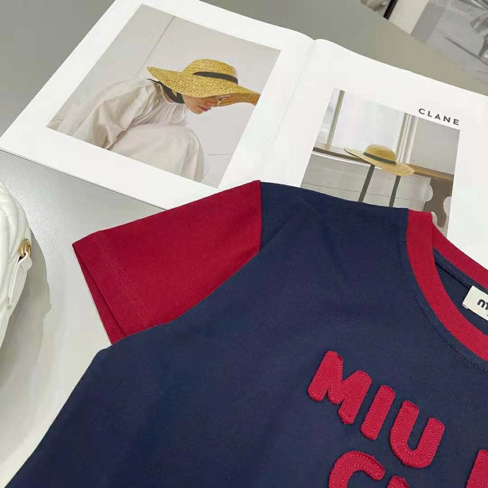 ÁO Miu Miu Women Jersey T-shirt with Embroidered Logo-Navy