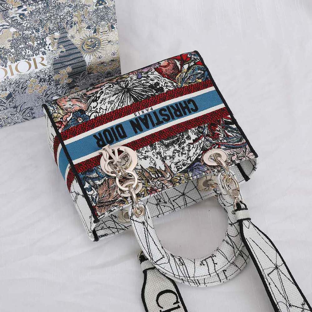 TÚI Dior Women Medium Lady D-lite Bag Latte Multicolor Dior Constellation Embroidery-White