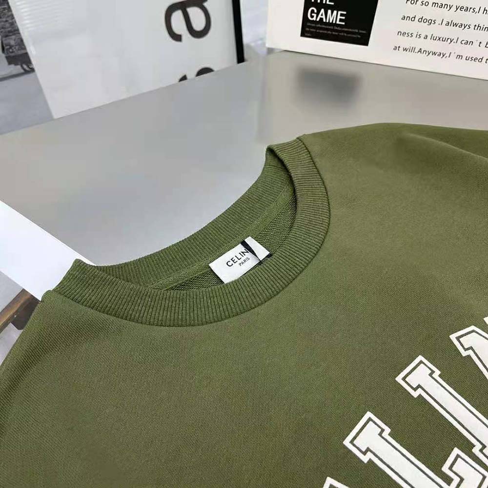 ÁO Celine Women Cropped Celine T-shirt in Cotton Fleece-Green