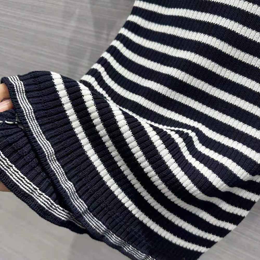 ÁO DIOR Short-Sleeved Sweater Navy Blue and White Cotton Ribbed Knit