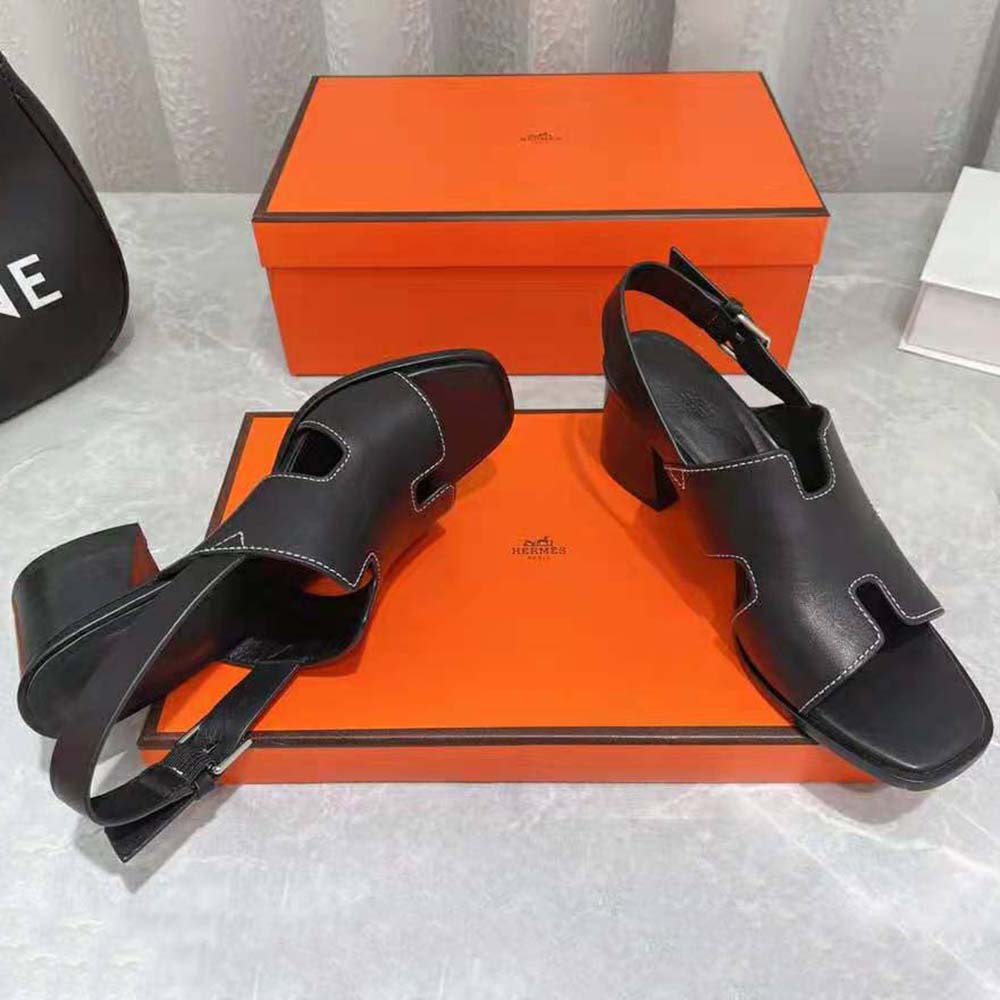 GIÀY Hermes Women Elbe 60 Sandal in Calfskin with H Cut-Out Detail-Black SS2022