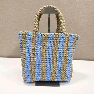 TÚI Prada Women Small Raffia Tote Bag with Embroidered Lettering Logo on the Front-Blue