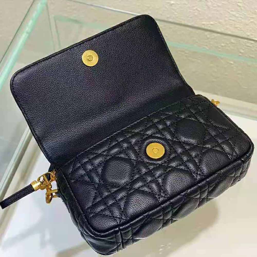 TÚI Dior Women Caro Pouch with Chain Black Supple Cannage Calfskin