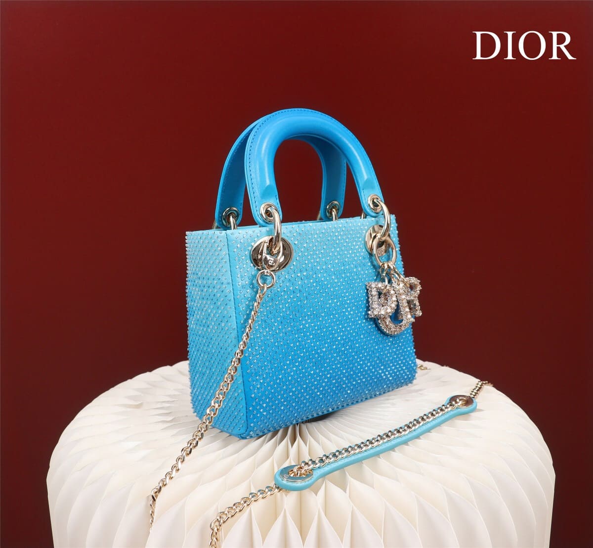 TÚI CHRISTIAN DIOR LADY DIOR Cannage Calfskin with Platinum Beaded Embroidery Blue
